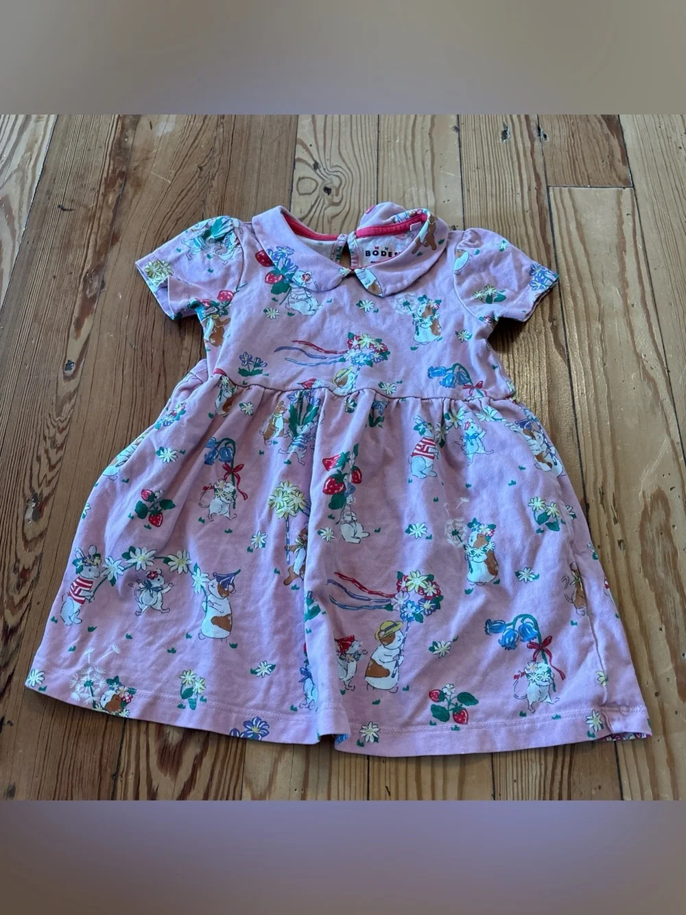 Baby Boden Girls Coral Pink Bunny Rabbit Dress Peter Pan Collar 2-3Y Guinea